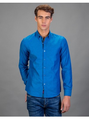 Tudors Slim Fit Spor Saks Mavi Erkek Gömlek