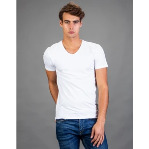 V Yaka Likralı Düz Beyaz T-Shirt