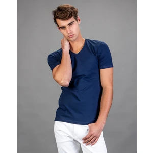 V Yaka Likralı Düz Lacivert T-Shirt