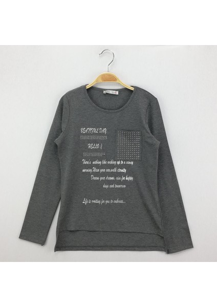 Kız Çocuk Sweatshirt Varak Baskı Cepli - Antrasit Melanj - 12 Yaş