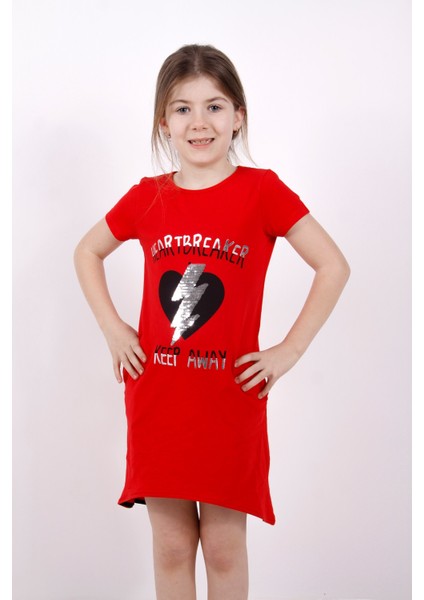 Kız Çocuk Elbise Keep Away Baskı Kırmızı 6 Yaş K-136