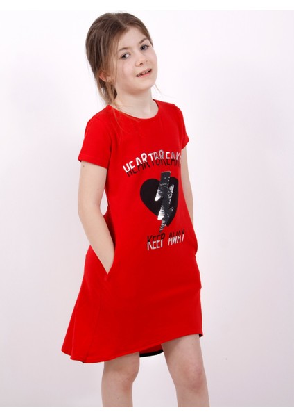 Kız Çocuk Elbise Keep Away Baskı Kırmızı 6 Yaş K-136