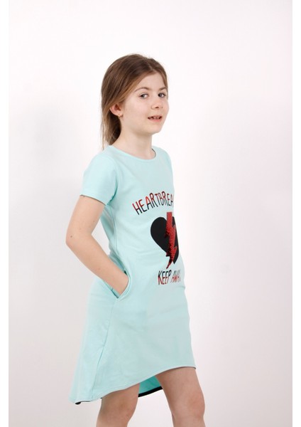 Kız Çocuk Elbise Keep Away Baskı Aqua 5 Yaş K-135
