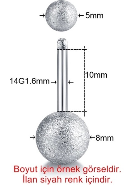 Siyah Renk 8Mm Top Uçlu Paslanmaz Çelik Göbek Piercing P255B