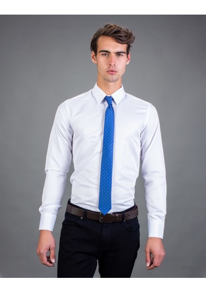 Slim Fit Düz Beyaz Armürlü Erkek Gömlek