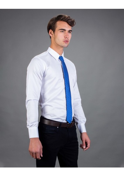 Slim Fit Düz Beyaz Armürlü Erkek Gömlek fiyatları