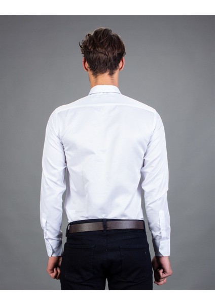 Slim Fit Düz Beyaz Armürlü Erkek Gömlek modelleri