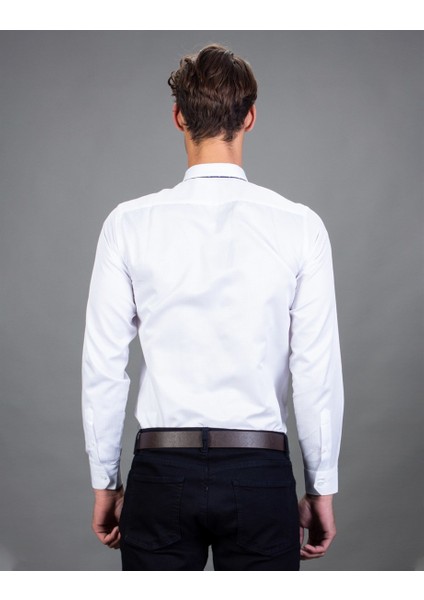 Slim Fit Beyaz Armürlü Erkek Gömlek modelleri