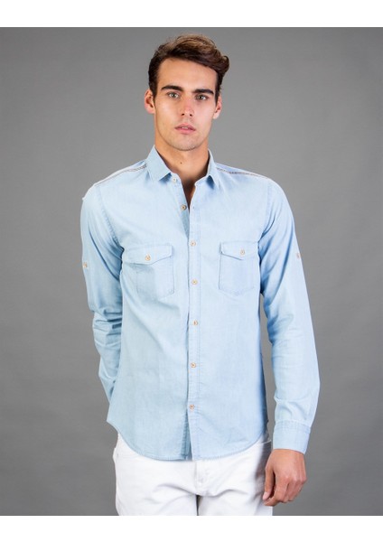 Slim Fit Açık Mavi Denim Erkek Gömlek