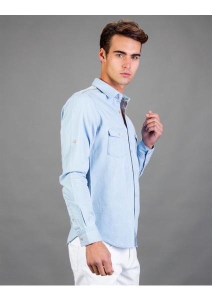 Slim Fit Açık Mavi Denim Erkek Gömlek fiyatları