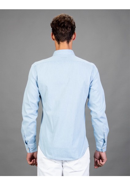 Slim Fit Açık Mavi Denim Erkek Gömlek modelleri