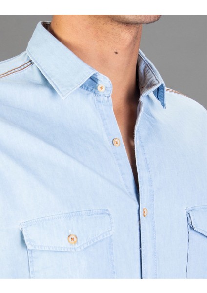Slim Fit Açık Mavi Denim Erkek Gömlek fırsatları