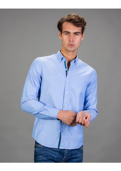 Slim Fit Düz Mavi Spor Erkek Gömlek