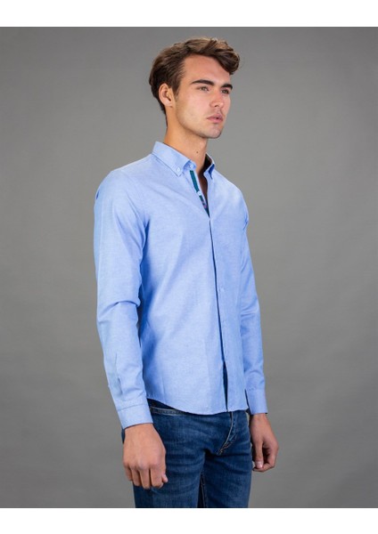 Slim Fit Düz Mavi Spor Erkek Gömlek fiyatları