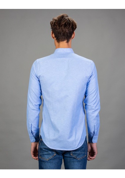 Slim Fit Düz Mavi Spor Erkek Gömlek modelleri