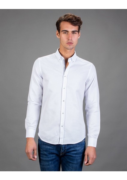 Slim Fit Düz Beyaz Spor Erkek Gömlek