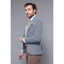 Wessi Sivri Yaka Mavi Kendinden Desenli Ceket