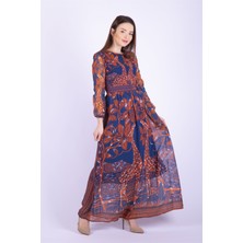 Ewa Moda Zurafa Desen Şifon Elbise Çok Renkli