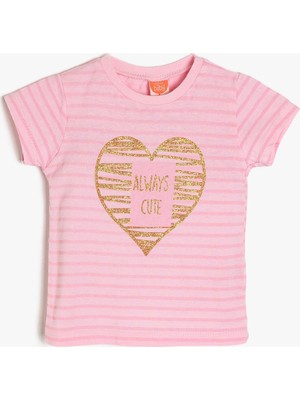 Koton Kız Bebek Pembe Yazılı Baskılı T-Shirt Kısa Kol Günlük Stil Grafik Desenli