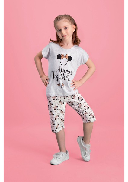 Mickey & Minnie Mouse Lisanslı Açık Gri Kız Çocuk Pijama Takımı