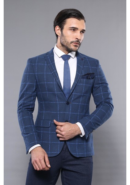 Ekose Lacivert Slim Fit Kışlık Ceket