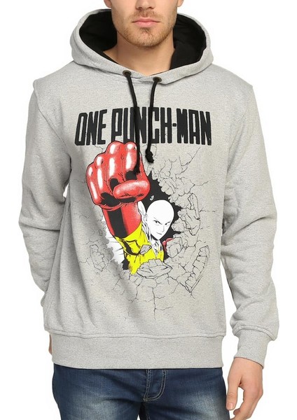 One Punch Man Saitama Gri Kapüşonlu Sweatshirt Hoodie