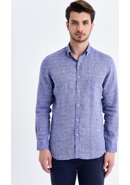 Erkek Kareli Slim Fit Lacivert Gömlek