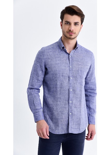 Erkek Kareli Slim Fit Lacivert Gömlek