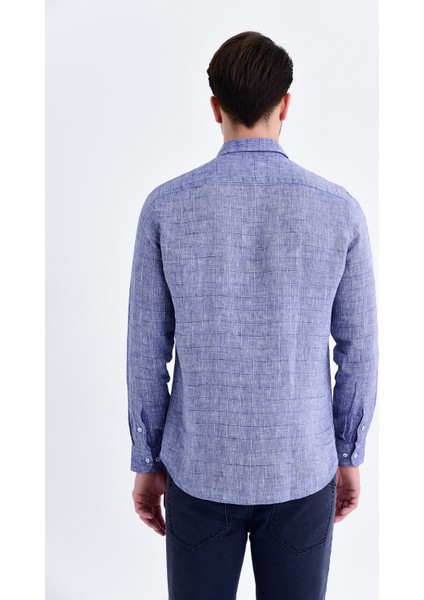 Erkek Kareli Slim Fit Lacivert Gömlek