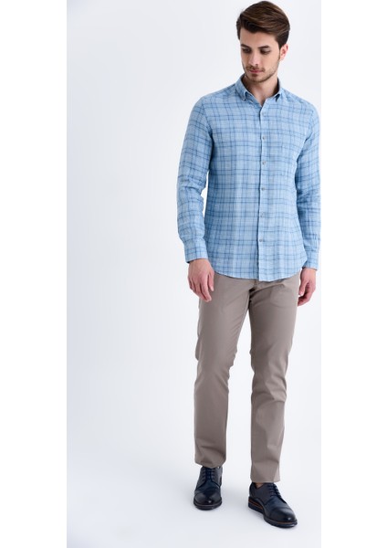Erkek Kareli Slim Fit Mavi Gömlek