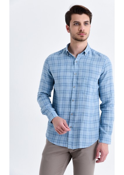 Erkek Kareli Slim Fit Mavi Gömlek