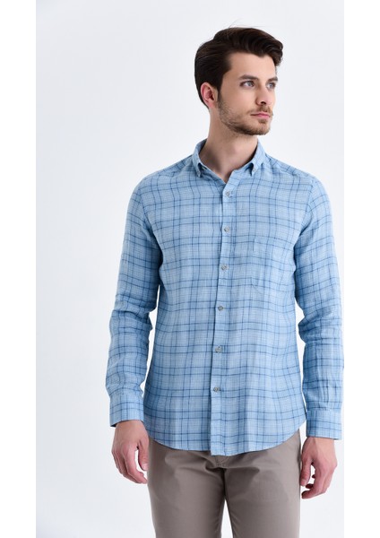 Erkek Kareli Slim Fit Mavi Gömlek