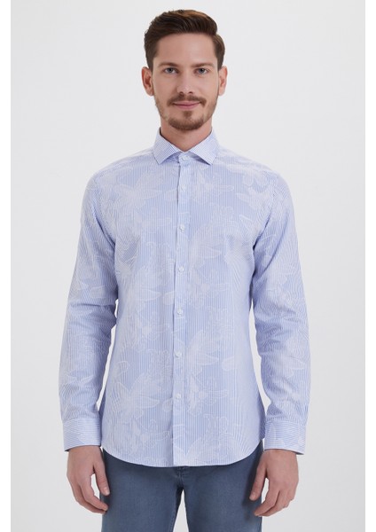 Erkek Desenli Slim Fit Mavi Gömlek