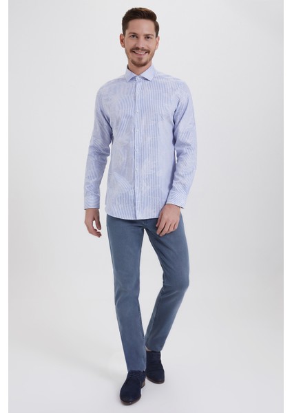 Erkek Desenli Slim Fit Mavi Gömlek