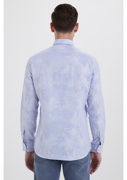 Erkek Desenli Slim Fit Mavi Gömlek