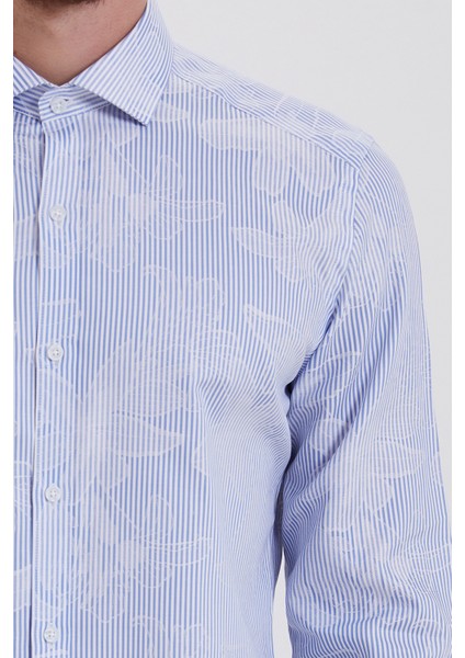Erkek Desenli Slim Fit Mavi Gömlek