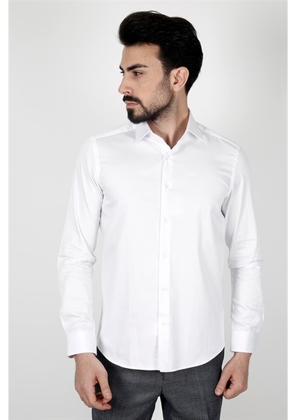 Beyaz Slim Fit Normal Manşet Cepsiz Gömlek
