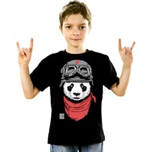 Rock&Roll Bandanalı Panda Siyah Kısa Kollu Unisex Çocuk T-Shirt