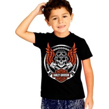 Rock&Roll Motorcu Kurukafa Siyah Kısa Kollu Unisex Çocuk T-Shirt