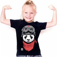 Rock&Roll Bandanalı Panda Siyah Kısa Kollu Unisex Çocuk T-Shirt