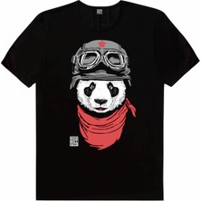 Rock&Roll Bandanalı Panda Siyah Kısa Kollu T-Shirt