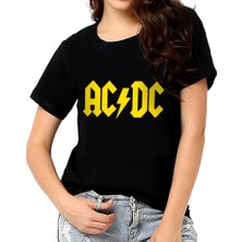 Rock&Roll Acdc Logo Siyah Kısa Kollu Kadın Kadın T-Shirt