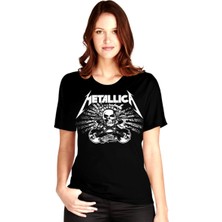 Rock&Roll Metallica Kurukafa Siyah Kısa Kollu Kadın Kadın T-Shirt