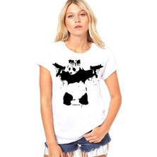 Rock&Roll Uzi Tabancalı Panda Beyaz Kısa Kollu Kadın Kadın T-Shirt