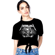 Rock&Roll Metallica Kurukafa Siyah Kesik Crop Top Bağlı Kadın T-Shirt
