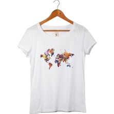 Muggkuppa Dünya Haritası Kadın Beyaz T-Shirt