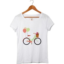 Muggkuppa Bsiklet Baskılı Kadın Beyaz T-Shirt