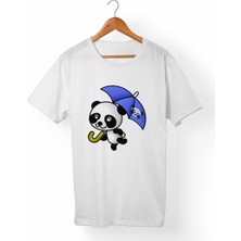 Muggkuppa Panda Şemsiye Baskılı Unisex-Kadın Beyaz T-Shirt
