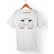 Muggkuppa Penguen Baskılı Unisex-Kadın Beyaz T-Shirt