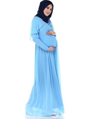 Moda Labio Baby Shower Melek Kol Tesettür Bebe Mavi Hamile Elbisesi